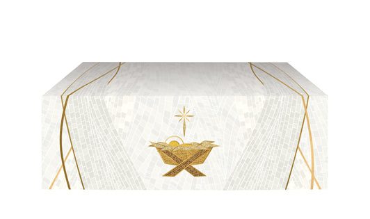 Altar Frontal Cloth Christmas Mosaic Design Manger Symbol in Gold on Blue, Green, Purple, Red, or White Banner