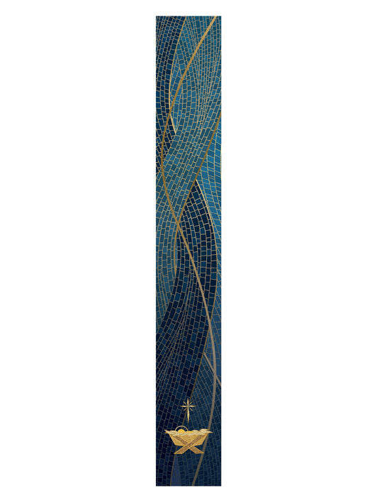 Bible Book Mark Christmas Mosaic Design Manger Symbol in Gold on Blue, Green, Purple, Red, or White Banner