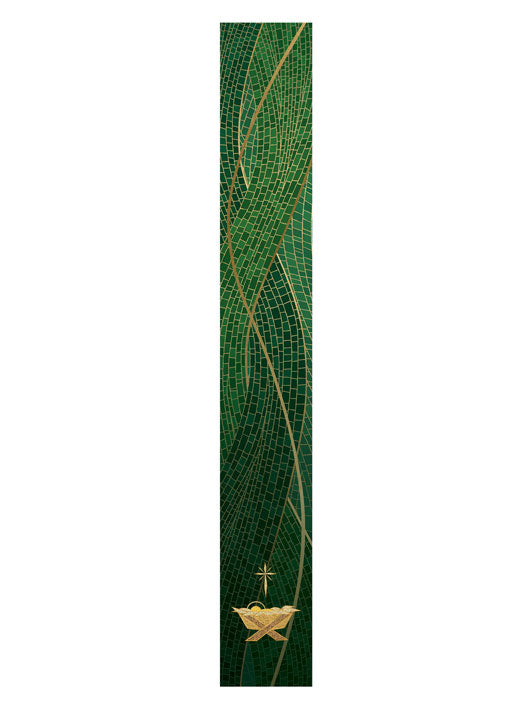 Bible Book Mark Christmas Mosaic Design Manger Symbol in Gold on Blue, Green, Purple, Red, or White Banner