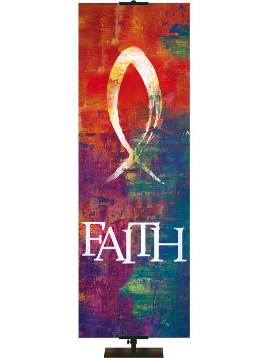 Irregular Brush Strokes of Faith Fish and Faith (2 ft x 6 ft, Multicolor, Pole Hems)