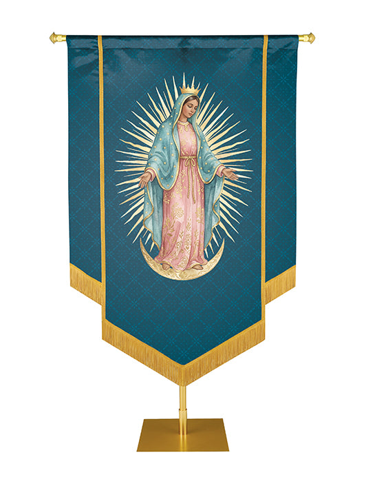 Catholic Church Banner watercolor  illustration of The Blessed Virgin Mary standing on a crescent moon surrounded by a radiant golden sunburst and hand-embellished with gold braid and fringe with 