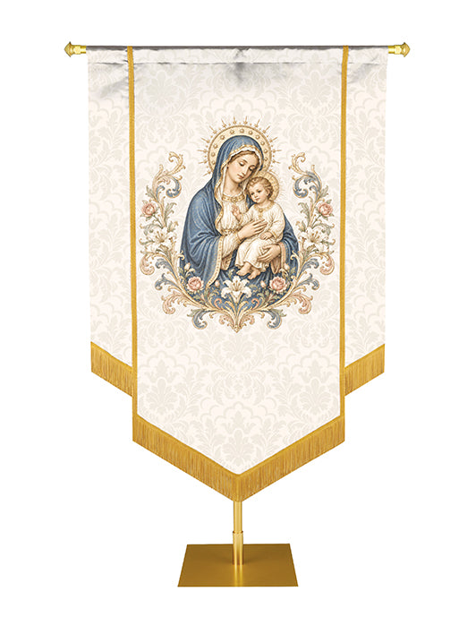 Madonna and Child Embellished Catholic Church Banner with The Blessed Virgin Mary and the Christ Child. Embellished with hand-applied gold braid and fringe featuring.