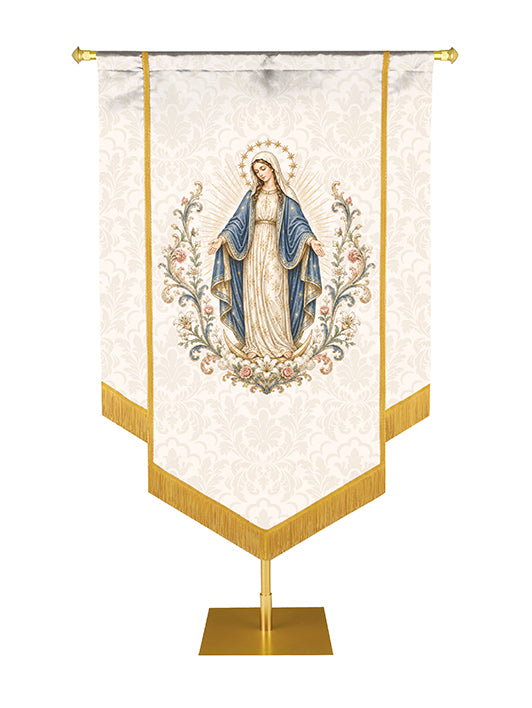 Our Lady of Grace Embellished Catholic Church Banner The Blessed Virgin Mary surrounded by a floral vine, with hand applied gold braid and fringe.
