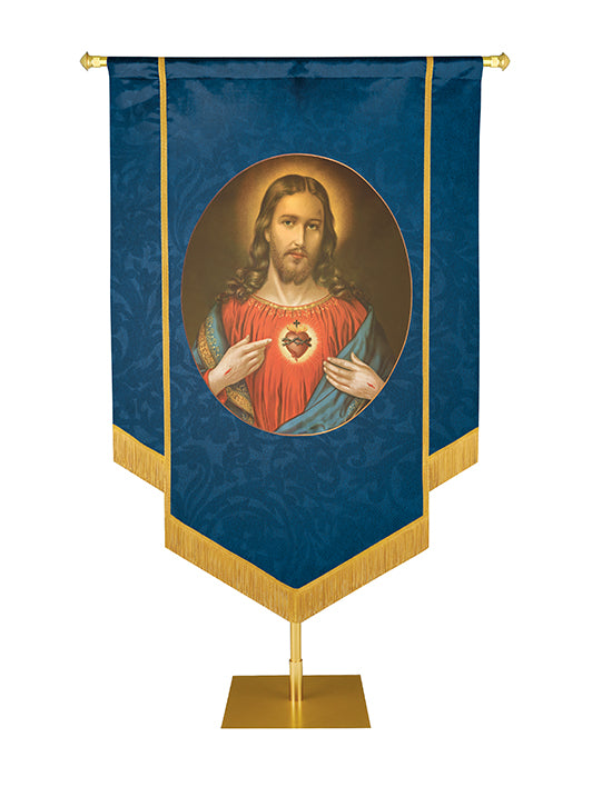 Catholic church banner with Jesus and the symbol of the Sacred Heart of Jesus on blue with hand-applied gold braid and fringe.