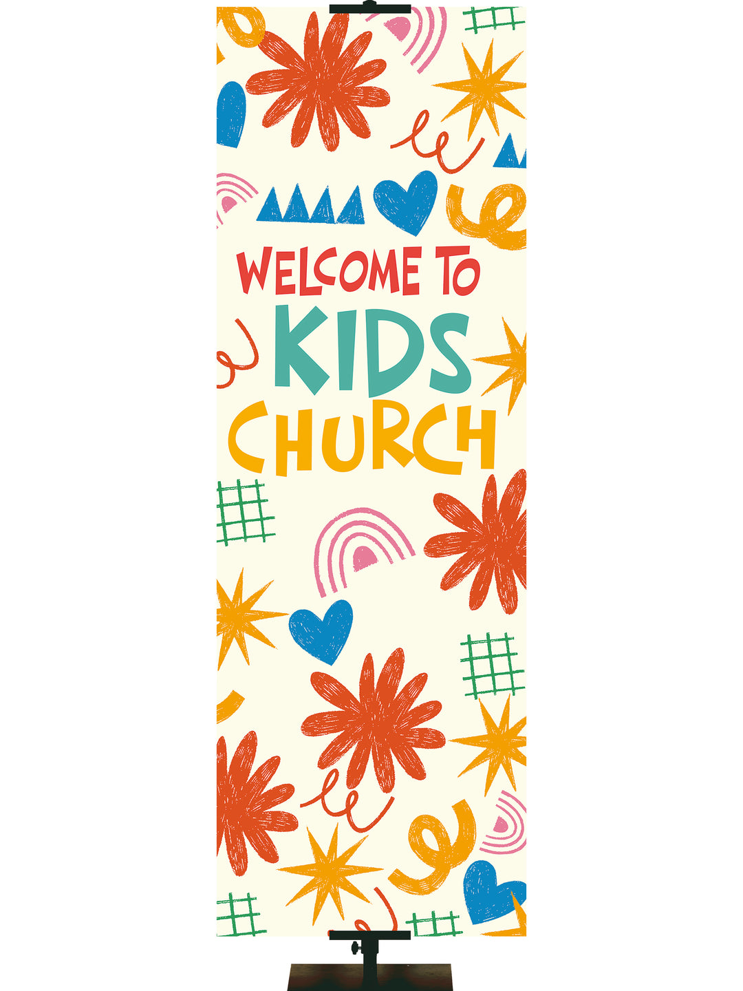 Welcome to Kids Church on Banner with crayon doodle design