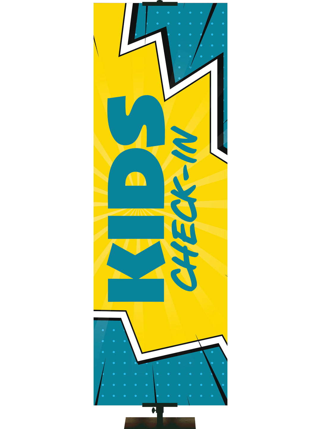Kids Check-In on Banner with comic book