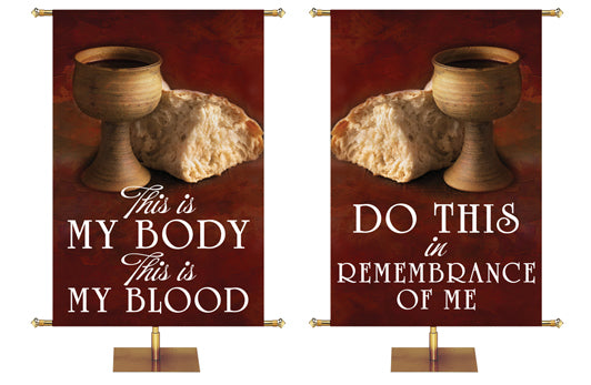 Two Church Banners for Communion This Is My Body This Is My Blood and Do This In Remembrance of Me with chalice and bread on deep burgundy background