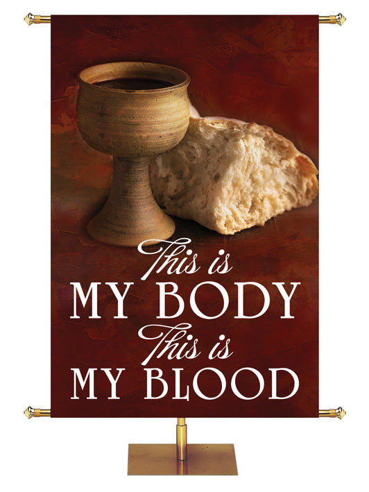 Communion Banner for Church This Is My Body This Is My Blood with bread and chalice on deep burgundy background