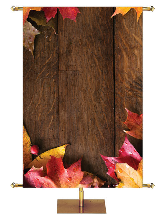 Autumn Heartland Design A Left Rustic dark brown vertical wood planks autumn maple leaves, 4 leaves in top left corner