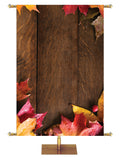 Autumn Heartland Design A Right rustic dark brown vertical wood planks with autumn maple leaves, 4 leaves in top right corner