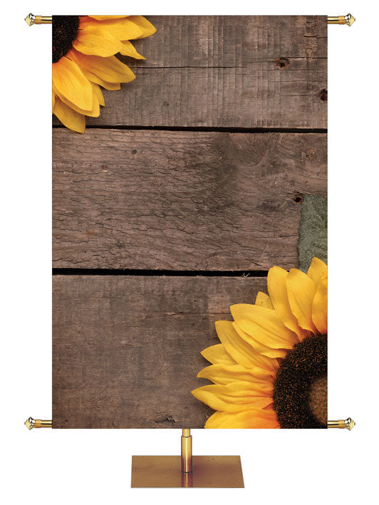 Autumn Heartland Design B Left rustic gray horizontal wood planks with sunflower top left and bottom right