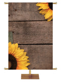 Autumn Heartland Design B Right rustic gray horizontal wood planks with sunflower top right and bottom left