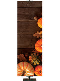 Autumn Heartland Design D Left rustic dark brown horizontal wood planks with multicolor pumpkins and autumn decor on right side