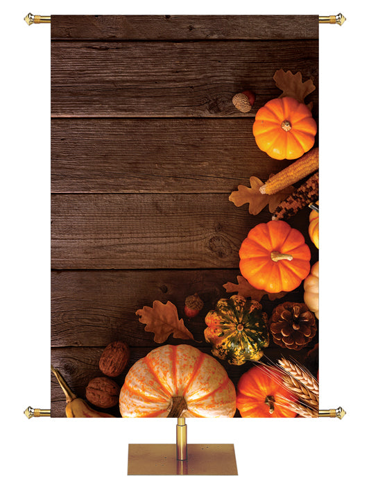 Autumn Heartland Design D Left rustic dark brown horizontal wood planks with multicolor pumpkins and autumn decor on right side