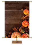 Autumn Heartland Design D Left rustic dark brown horizontal wood planks with multicolor pumpkins and autumn decor on right side