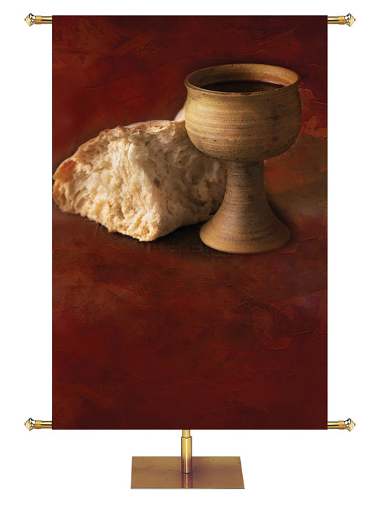 Custom Church Banner for Communion with chalice and bread on deep burgundy background