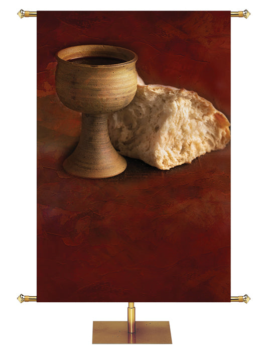Custom Communion Banner for Church with bread and chalice on deep burgundy background 