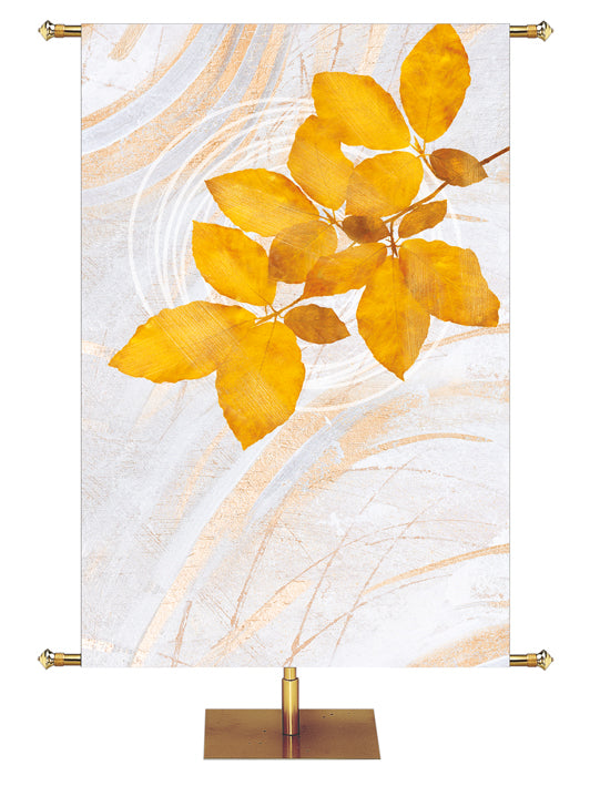 Custom Banner Echoes of Autumn with Golden Rowan Fall leaves on background of hues of bronze and copper