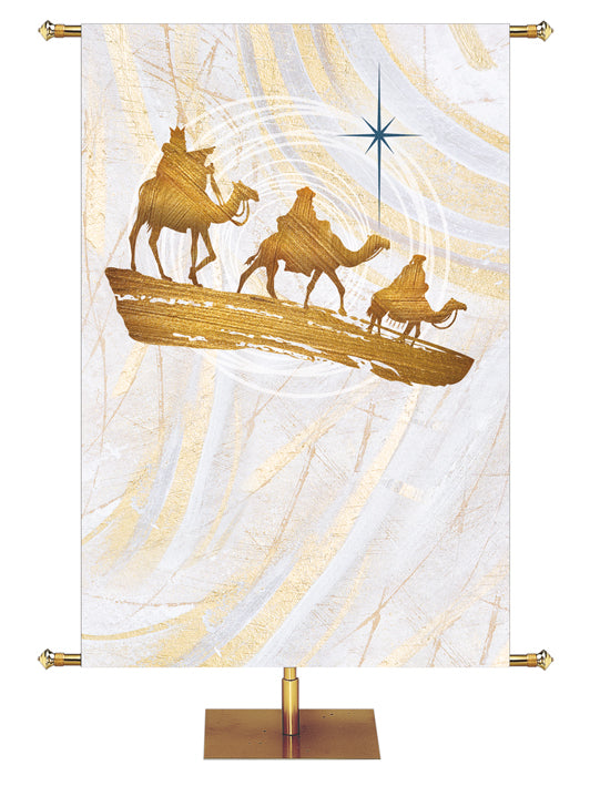 Custom Church Banner Background with Three Wisemen in Gold and New Star in Blue (left) on subtle hues of gold, blue and white