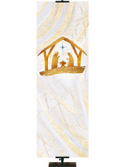 Custom Church Banner Background with Manger Scene in Gold and New Star in Blue (right) on subtle hues of gold, blue and white