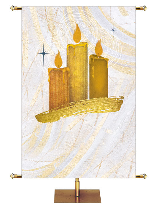 Church Banner for Christmas with artwork of Three Candles in gold on a white banner with gold accents in Echoes of Christmas style.