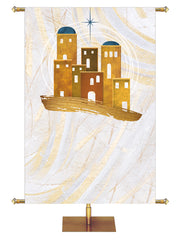 Custom Banner Background for Christmas with Bethlehem in Gold and New Star (left) in Blue on hues of gold, blue and white