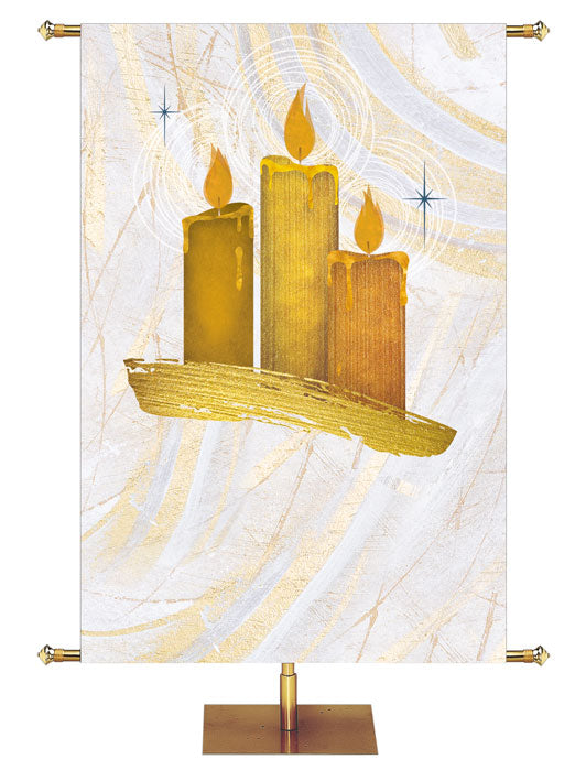 Three Candles in gold on this white with gold accents Christmas Church Banner from Echoes of Christmas Collection