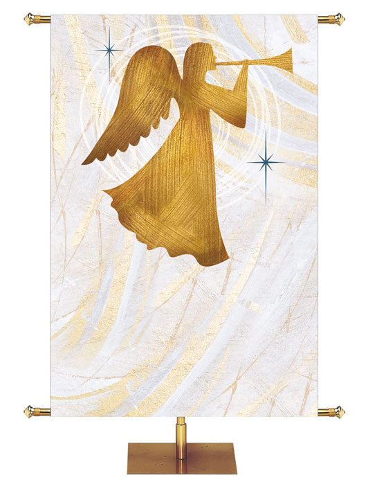 Church Banner for Christmas. Angel with trumpet in gold on white Echoes of Christmas design with gold accents.