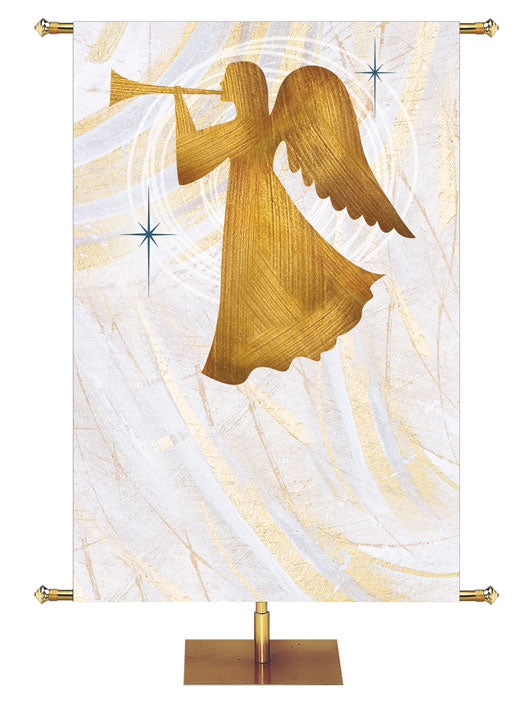 White banner with gold accents in Echoes of Christmas design with Angel with trumpet in gold.