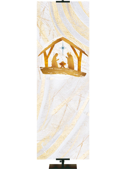 Custom Church Banner Background with Manger Scene in Gold and New Star in Blue (left) on subtle hues of gold, blue and white