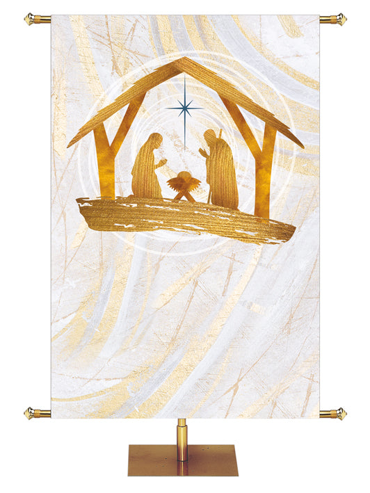 Custom Church Banner Background with Manger Scene in Gold and New Star in Blue (left) on subtle hues of gold, blue and white