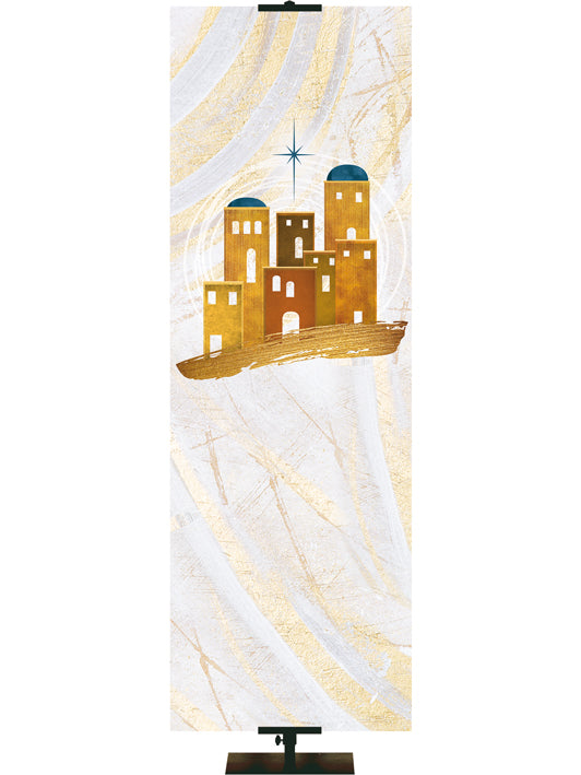 Custom Church Banner Background with Bethlehem in Gold and New Star (right) on subtle hues of gold, blue and white