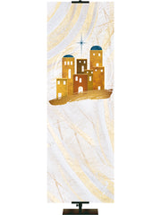 Custom Church Banner Background with Bethlehem in Gold and New Star (right) on subtle hues of gold, blue and white