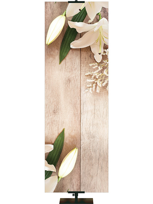 Custom Banner Heartland Easter Collection with Lily blooms on natural wood background - Left Skinny Format
