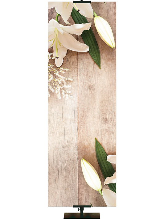 Custom Banner Heartland Easter Collection with Lily blooms on natural wood background - Right Skinny Format