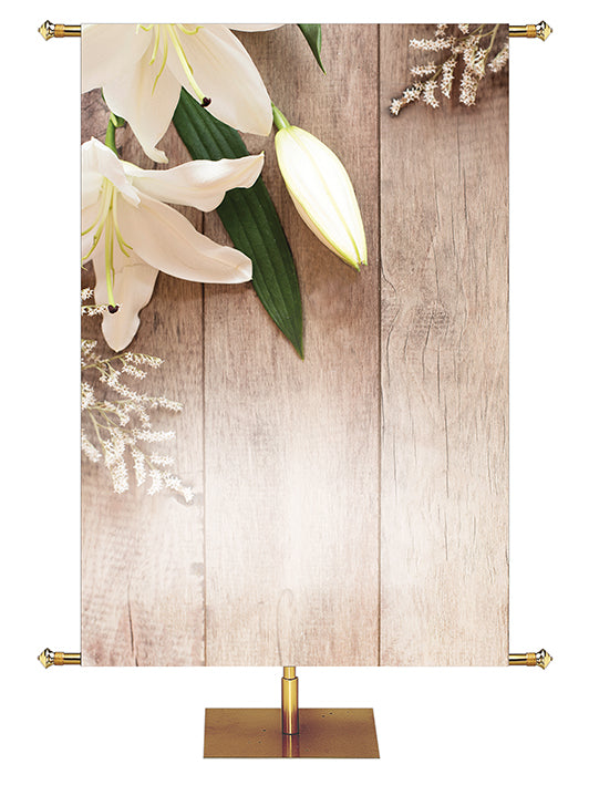 Custom Banner Heartland Easter Collection with Lily blooms on natural wood background - Right Wide Format