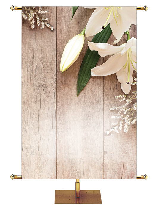 Custom Banner Heartland Easter Collection with Lily blooms on natural wood background - Left Wide Format