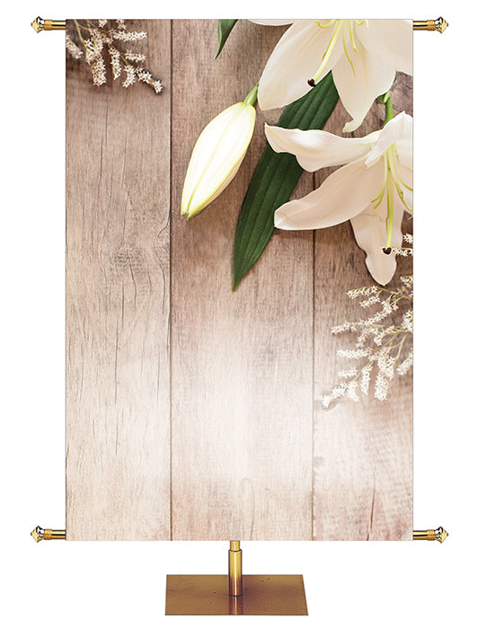 Custom Banner Heartland Easter Collection with Lily blooms on natural wood background - Left Wide Format