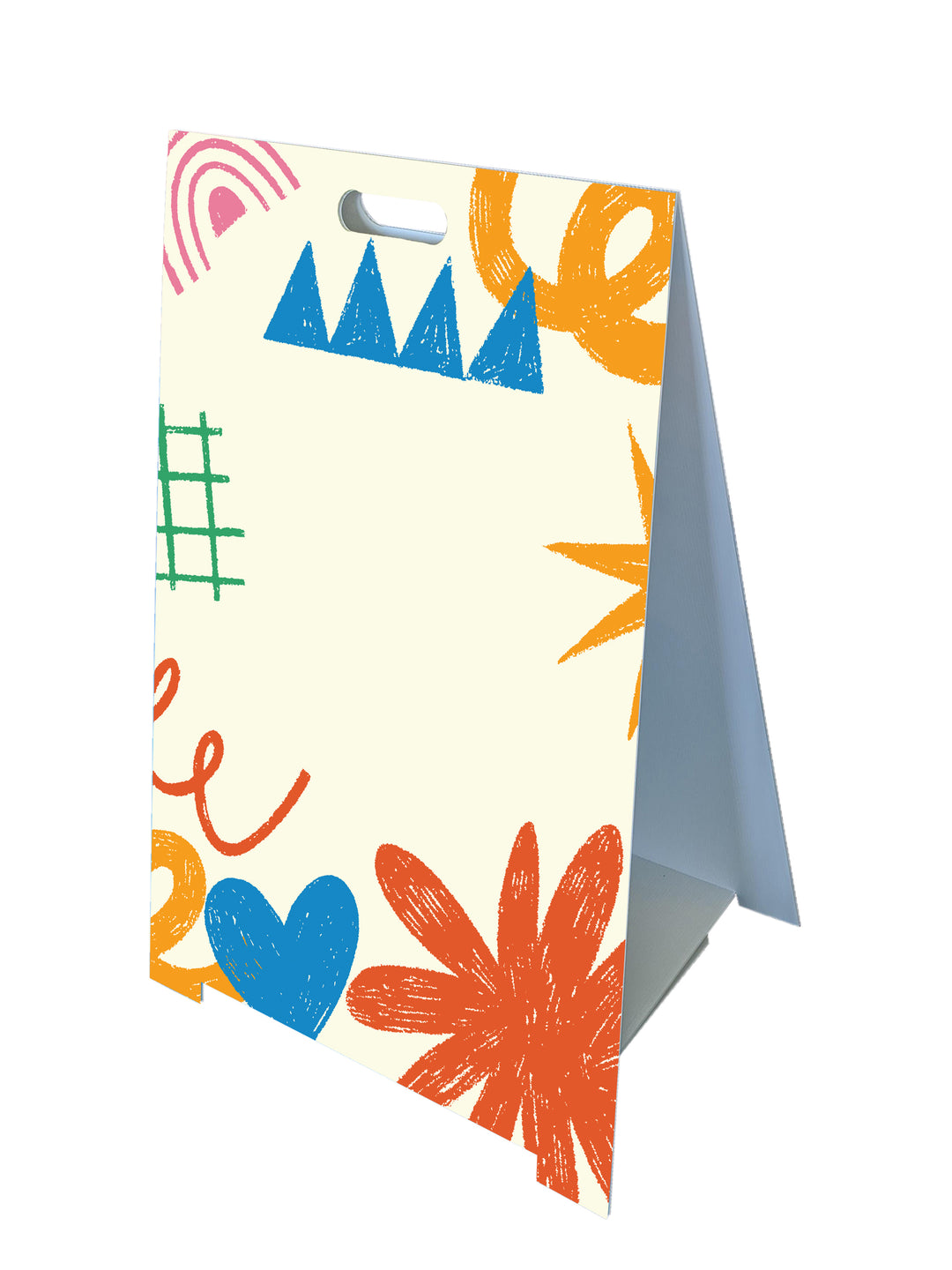 Custom Fold-A-Frame™ sign with crayon doodle background