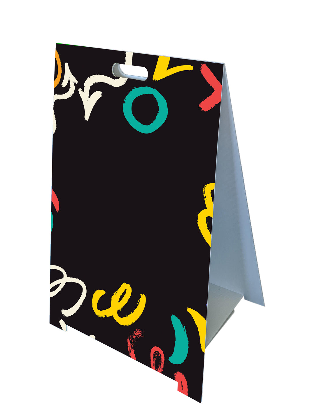 Custom Fold-A-Frame™ sign with doodle markers background