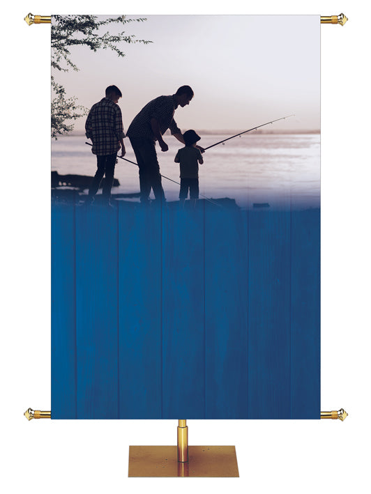 Custom Banner with silhouette on the shoreline of two adults and one teaching a child how to hold the fishing pole