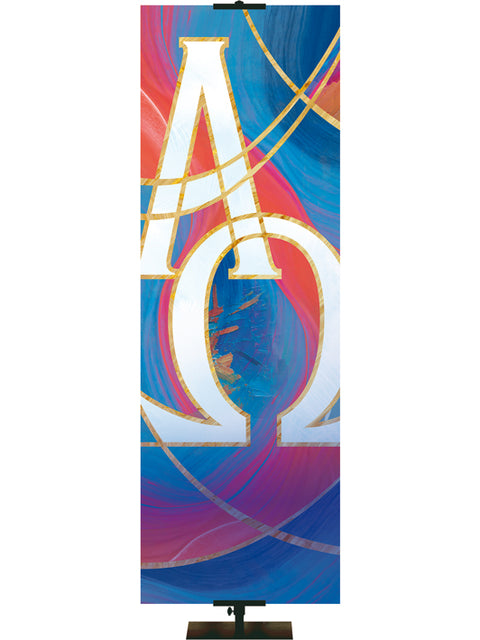 Custom Church Banner background with White Alpha and Omega Symbol in a fresco design with hues of blues and reds, right side format