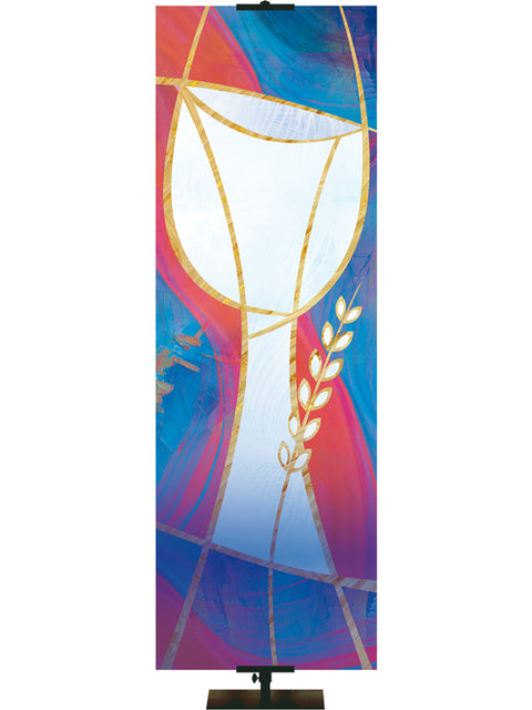Custom Church Banner background Communion Symbol in White on a fresco design with hues of blues and reds, right side format