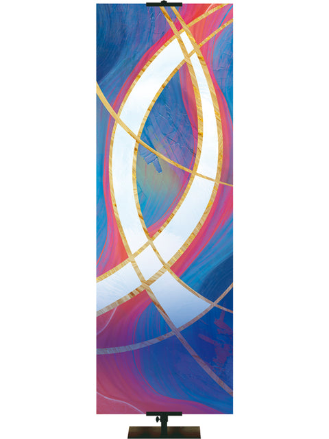 White Fish Symbol in a fresco design with hues of blues and reds, left side format Custom Church Banner background