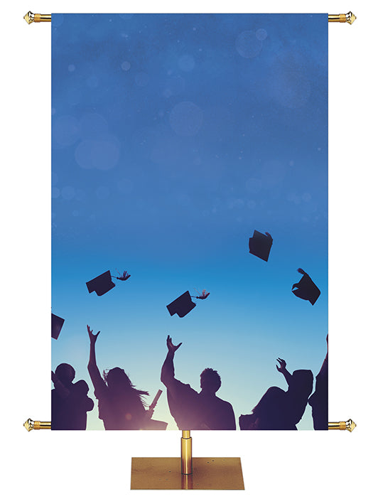 Silhouette of Graduates tossing Graduation Caps up in the air Graduation Banner