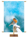 Robin perched on snow covered post Joyful Beginnings Custom Church Banner background