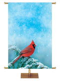 Cardinal on snow covered pine branch Joyful Beginnings Custom Church Banner background