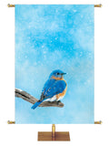 Bluebird perched on a winter branch Joyful Beginnings Custom Church Banner background