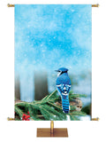 Blue Jay on pine branch with red berries Joyful Beginnings Custom Church Banner background
