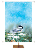 Chickadee perched on a snow-covered pine branch Joyful Beginnings Custom Church Banner background